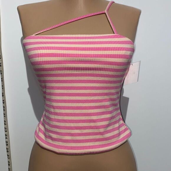 AFRM Women's One Shoulder Spaghetti Stripe Rib Saddle Top Pink/White Size M NWT - Picture 2 of 10